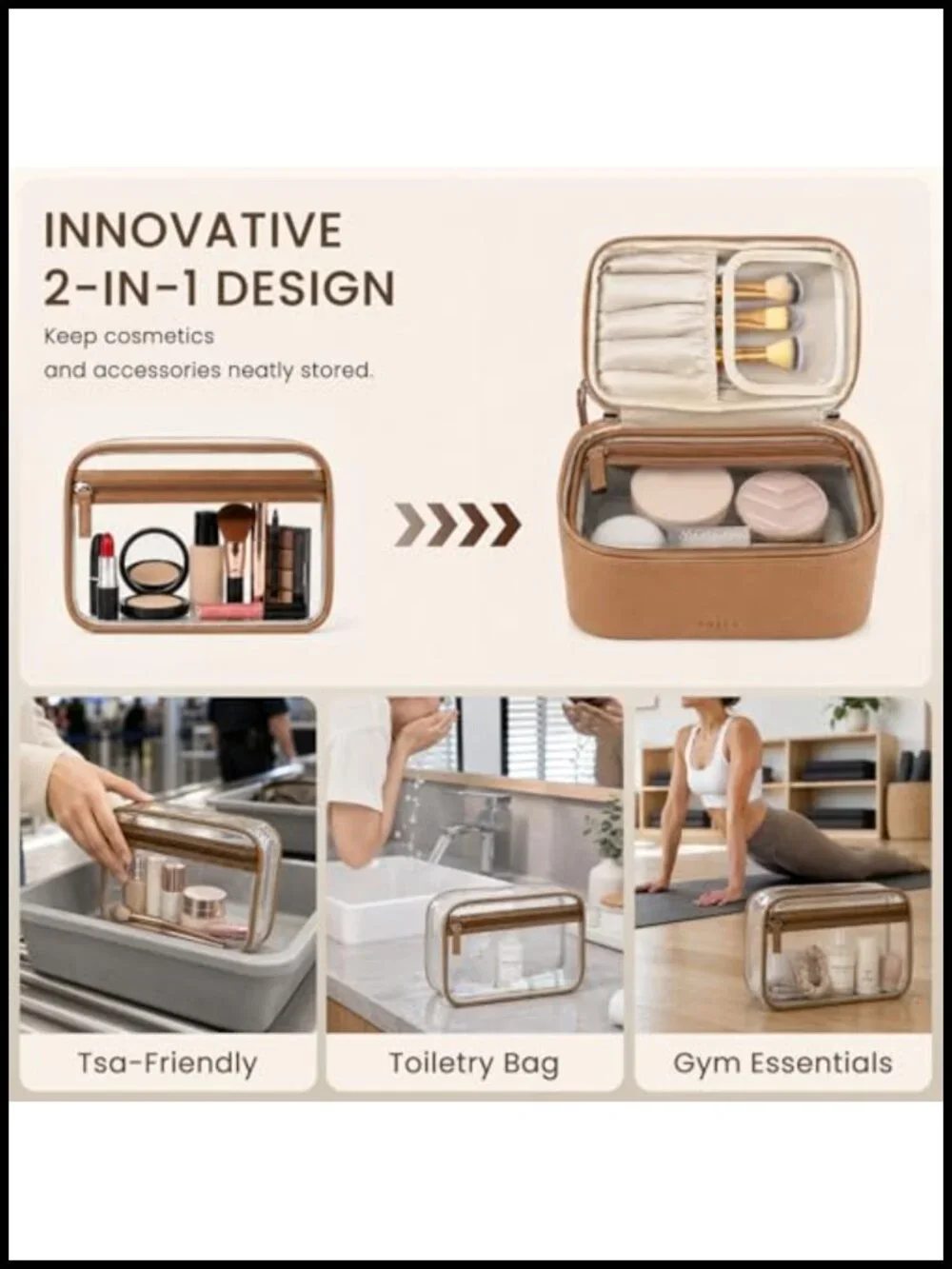 PU Leather Dual-Layer Makeup Bag Set with Clear Toiletry Pouch and Jewelry